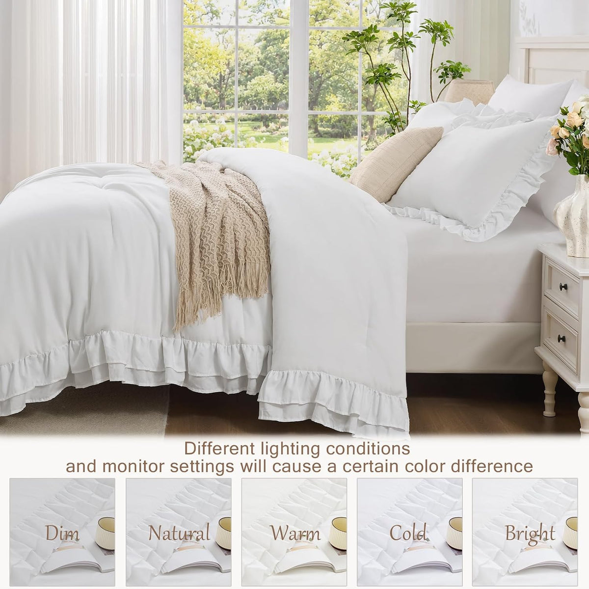 White Ruffle Comforter Set Queen Size, 3-Piece Shabby Chic Bedding