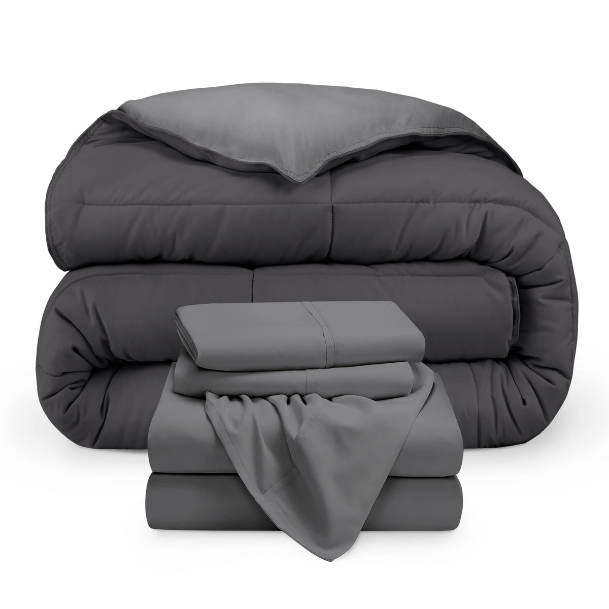 Bare Home Reversible Bed-in-A-Bag Comforter & Sheet Set - Queen - Down Alternative - Soft - Bedding Set (Queen, Light Grey/Grey)