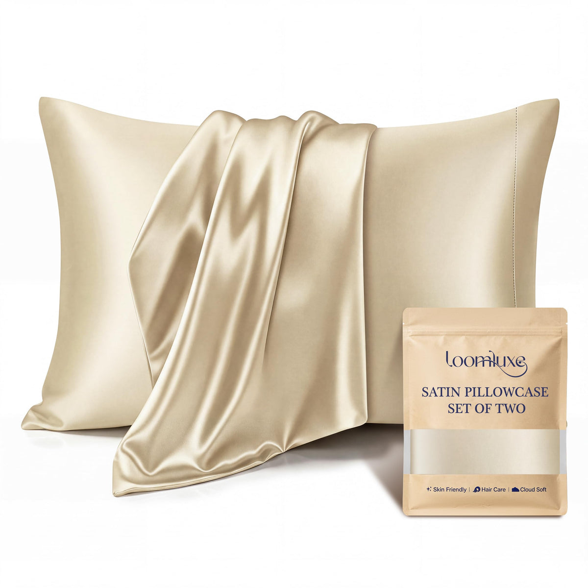 Satin Pillowcases 2 Pack, Standard Size 20"X 26", Champagne White