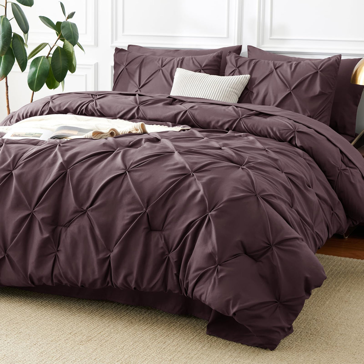 CozyLux Queen Comforter Set Black, 7 Pieces Pintuck Bed in a Bag