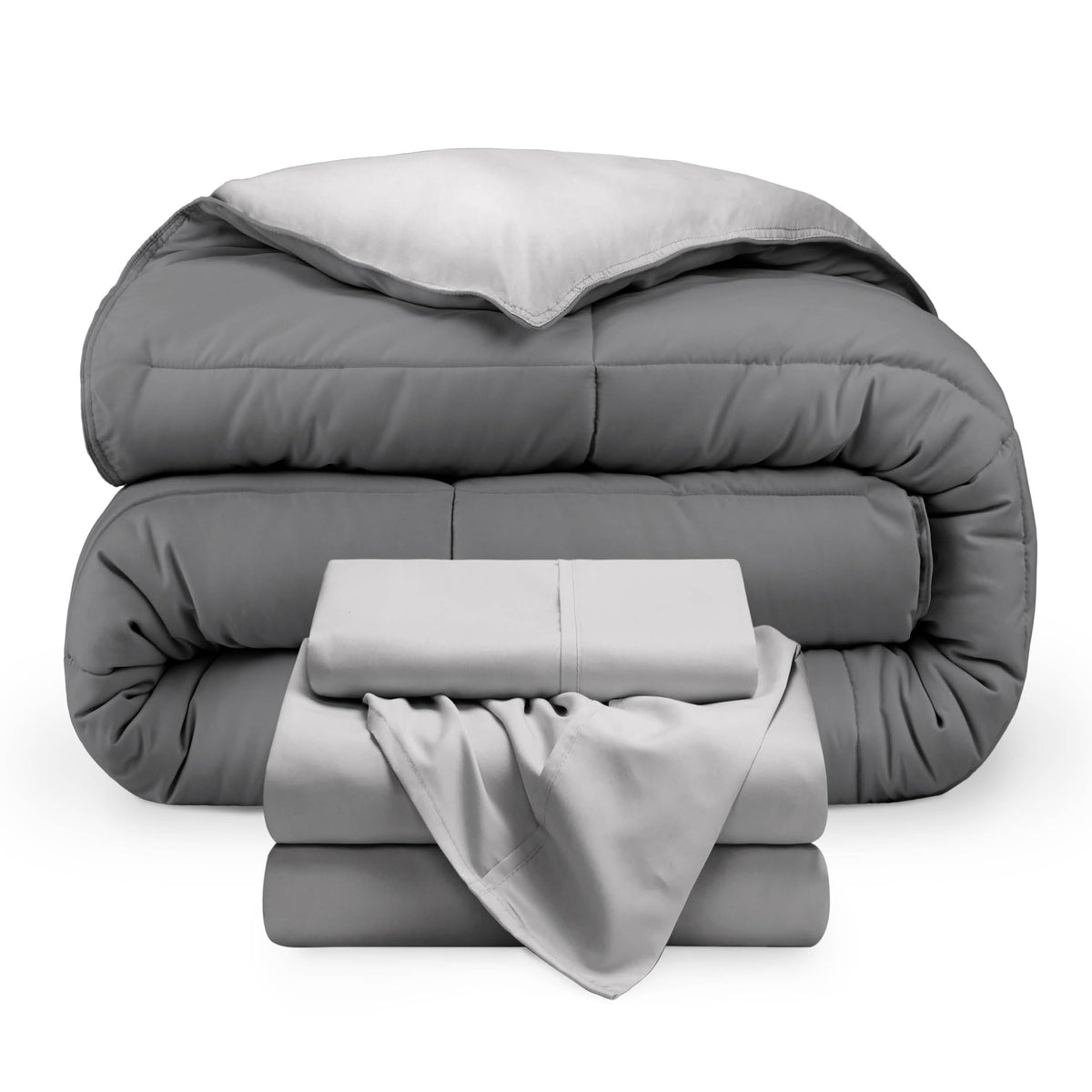 Bare Home Reversible Bed-in-A-Bag Comforter & Sheet Set - Queen - Down Alternative - Soft - Bedding Set (Queen, Light Grey/Grey)