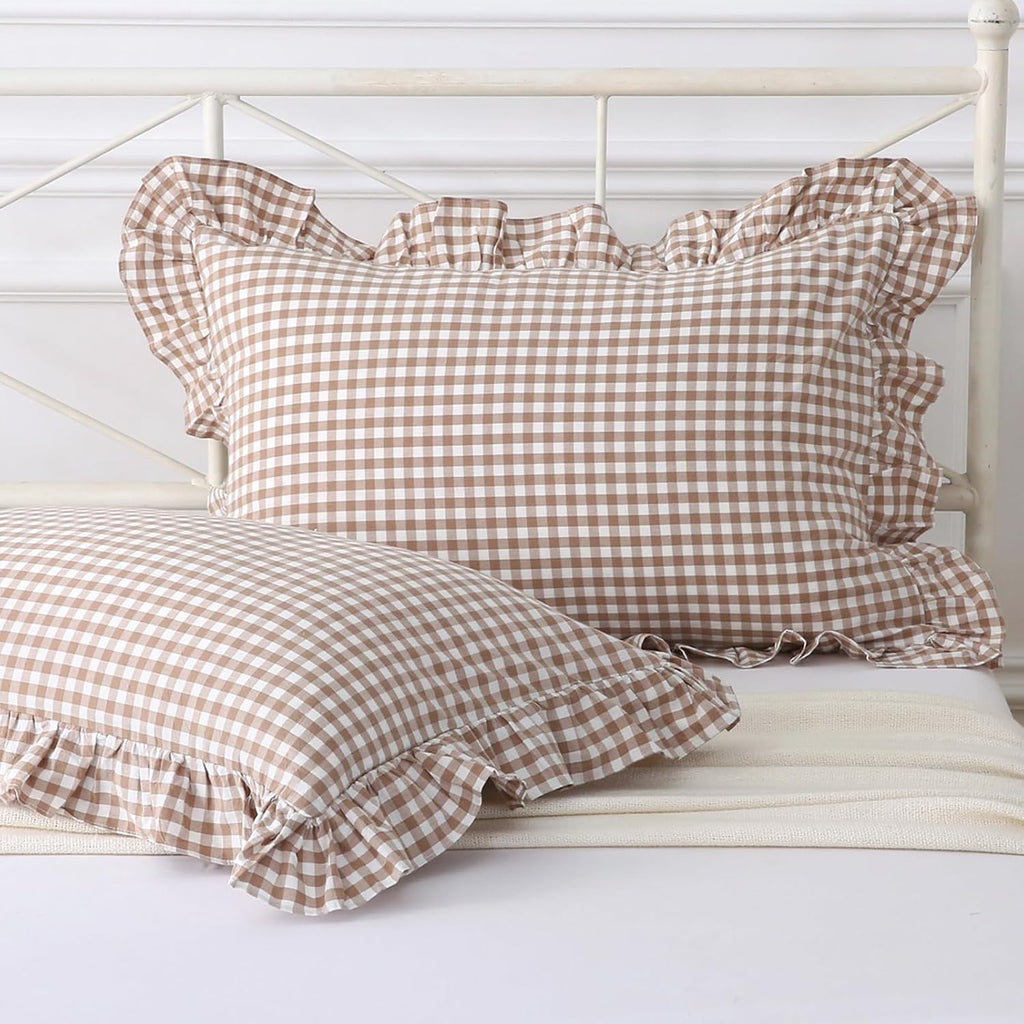 Silnuo Taupe/White Gingham Plaid Ruffled Pillow Covers Queen Size Set of 2