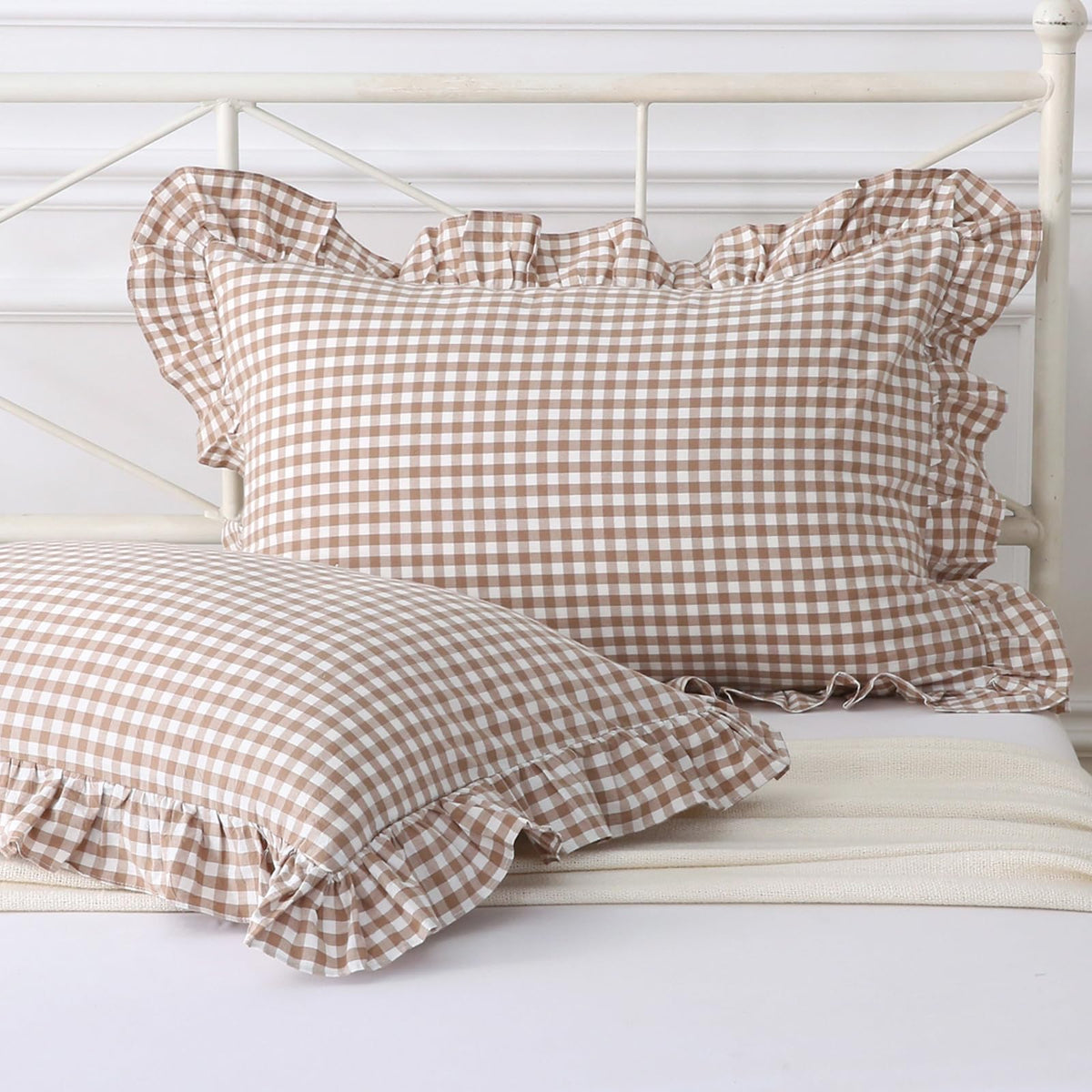Silnuo Taupe/White Gingham Plaid Ruffled Pillow Covers Queen Size Set of 2