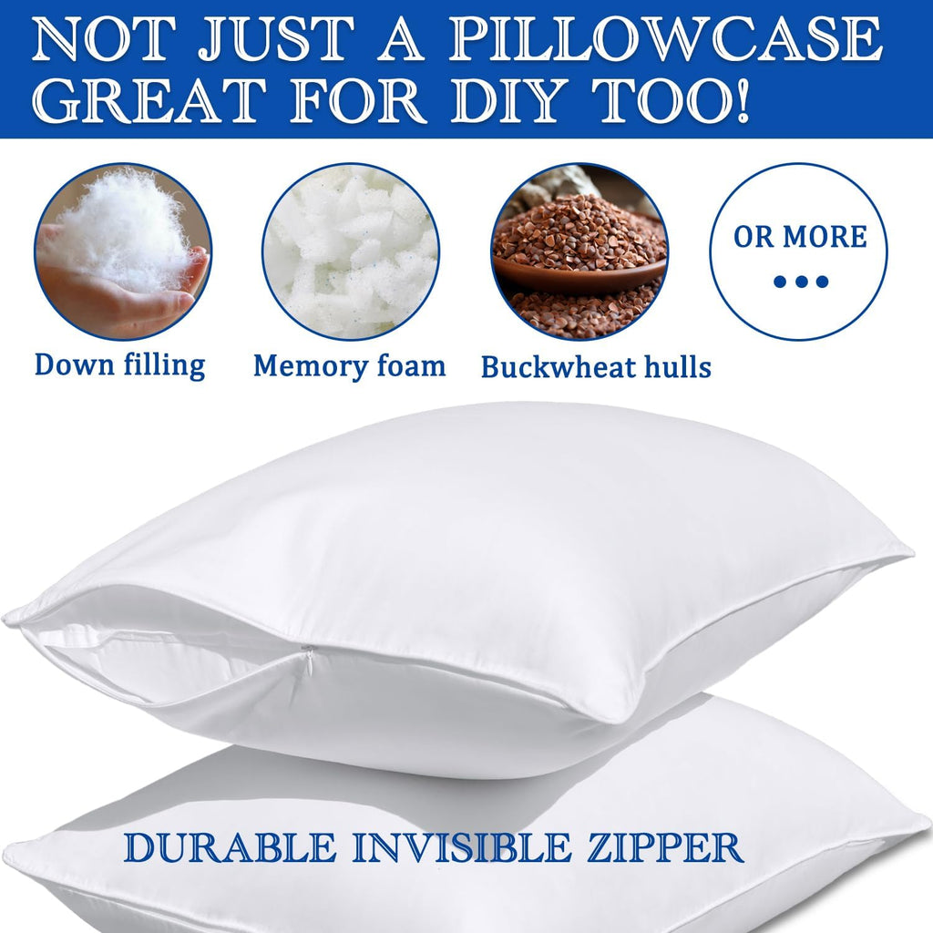 White Pillow Cases Standard Size 100% Cotton with Zipper, Set of 2, 20X26