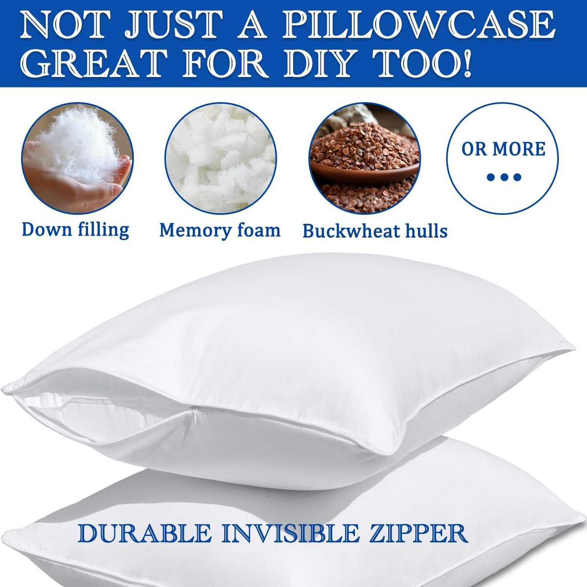 White Pillow Cases Standard Size 100% Cotton with Zipper, Set of 2, 20X26
