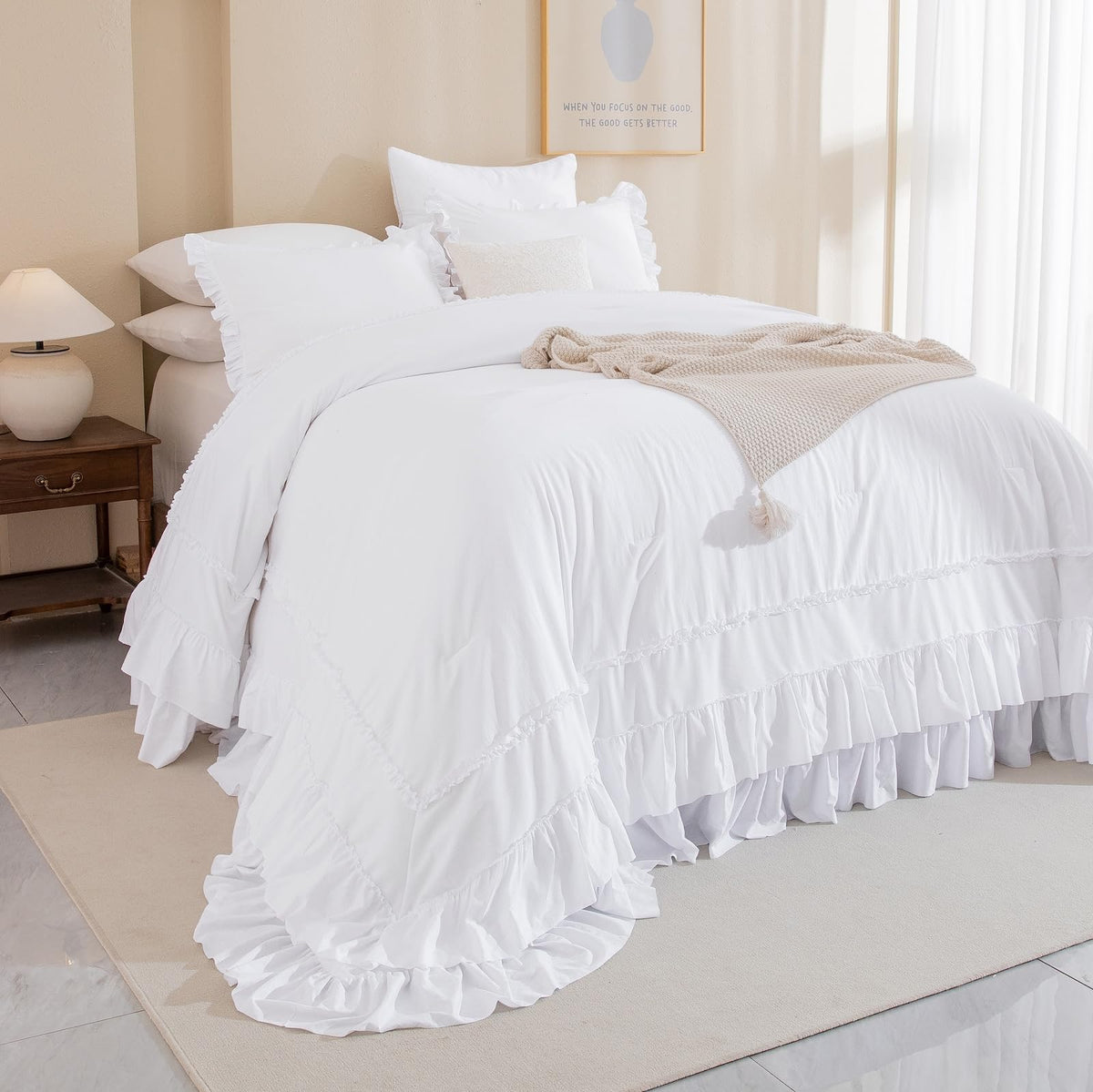 QSH Queen's House Light Blue Farmhouse Ruffled King Size Comforter Set,Lightweight Microfiber Inner Fill Fluffy Boho Chic Bedding Comforter,Ultra Soft Microfiber Inner Fill Bedding