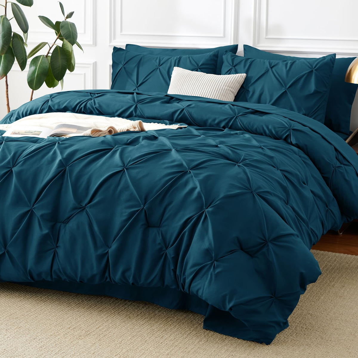 CozyLux Queen Comforter Set Black, 7 Pieces Pintuck Bed in a Bag