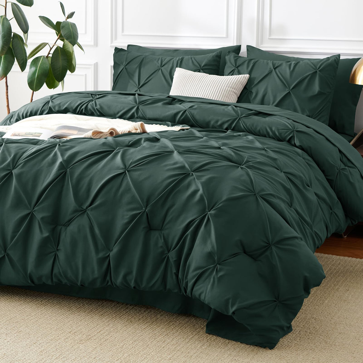 CozyLux Queen Comforter Set Black, 7 Pieces Pintuck Bed in a Bag