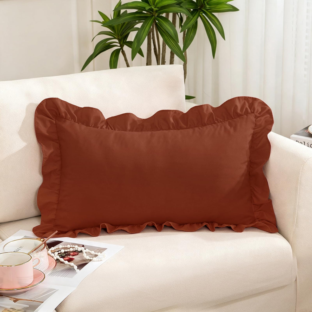 Pink Ruffle Lumbar Pillow Cover, 12x20 Inch