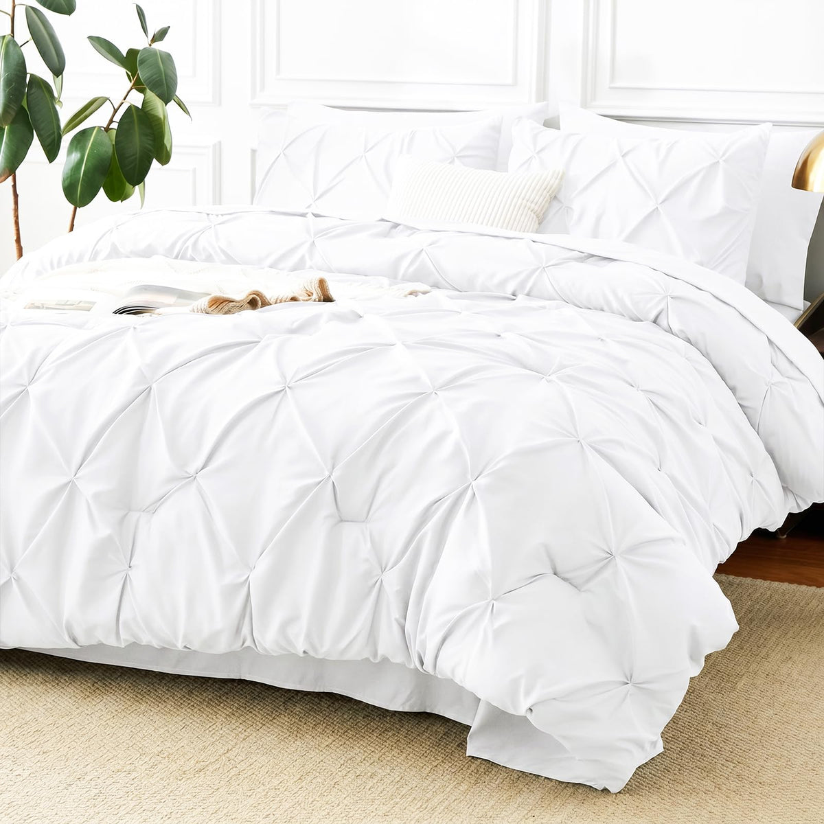 CozyLux Queen Comforter Set Black, 7 Pieces Pintuck Bed in a Bag