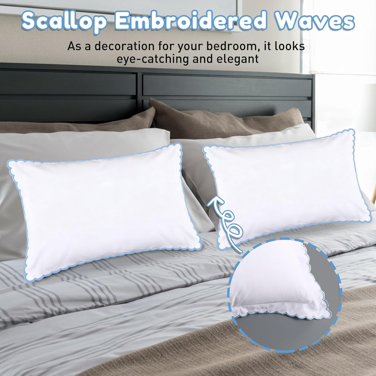 Frienda 2 Pcs Scalloped Pillowcase Microfiber Pillow Cover,Blue,26" X 20"
