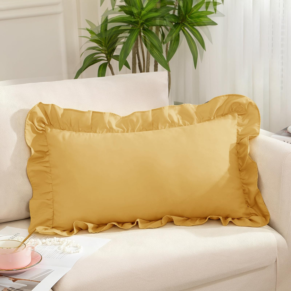 Pink Ruffle Lumbar Pillow Cover, 12x20 Inch