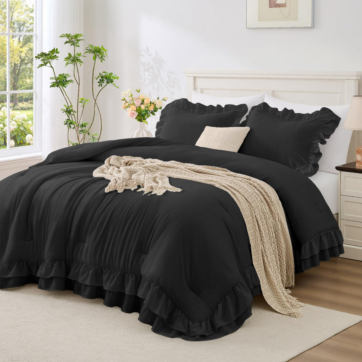 White Ruffle Comforter Set Queen Size, 3-Piece Shabby Chic Bedding