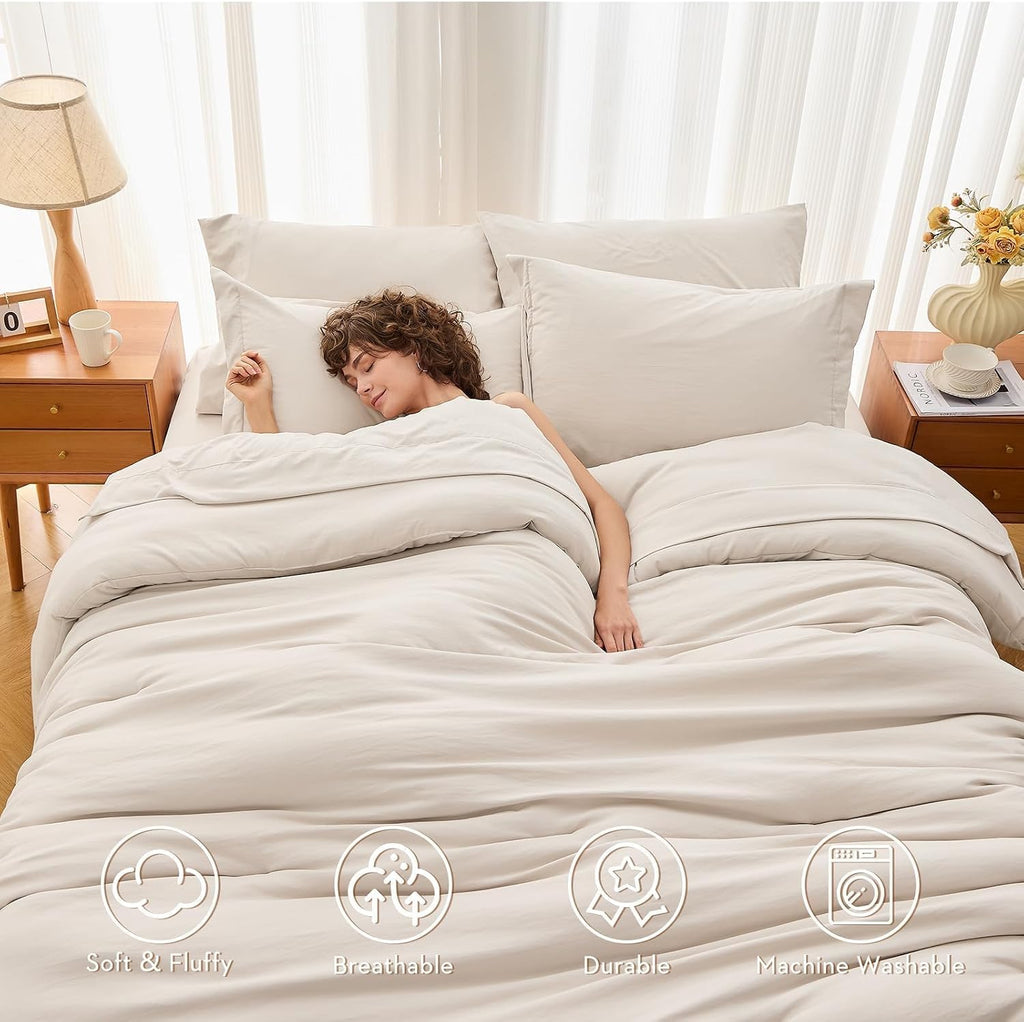 MUXHOMO King Comforter Set 7 Pieces, Soft Bed in a Bag, Beige