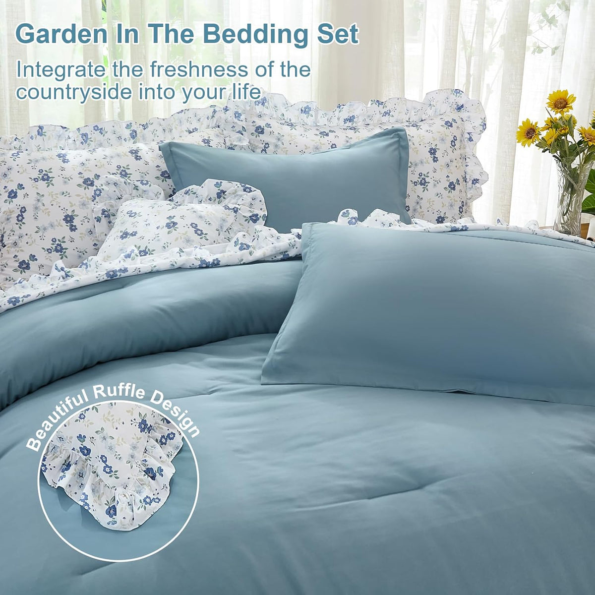 8PC Queen Comforter Set Blue, Ruffle Comforter with Floral Sheets