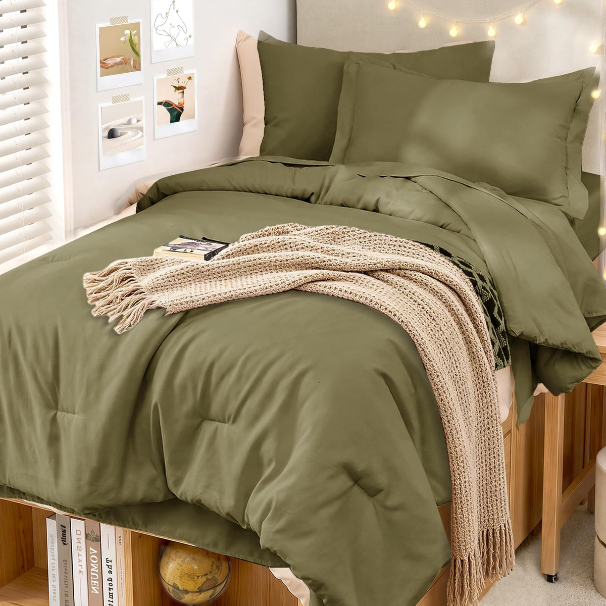 MUXHOMO King Comforter Set 7 Pieces, Soft Bed in a Bag, Beige