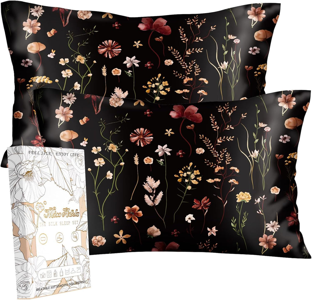 Miss Adola 2pcs Silk Pillowcase with Hidden Zipper, BLK Grow Flower