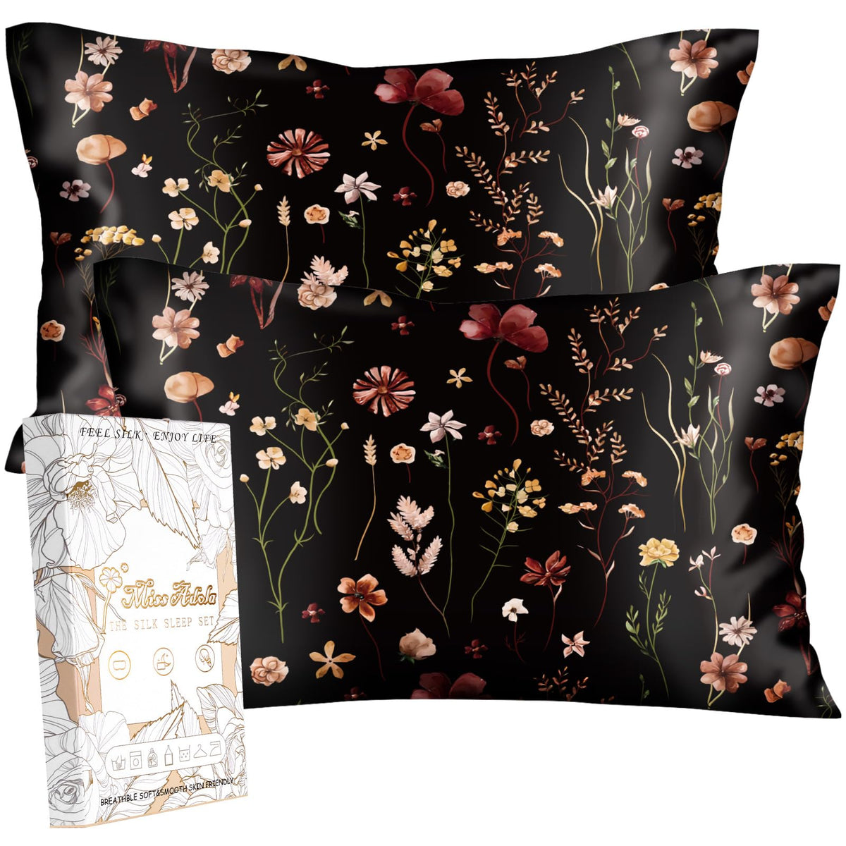 Miss Adola 2pcs Silk Pillowcase with Hidden Zipper, BLK Grow Flower