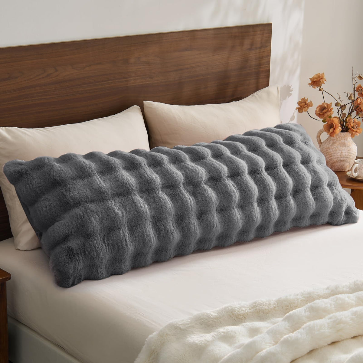 BEDELITE Faux Rabbit Fur Zippered Body Pillow Cover, 20x54 Long Pillow Case