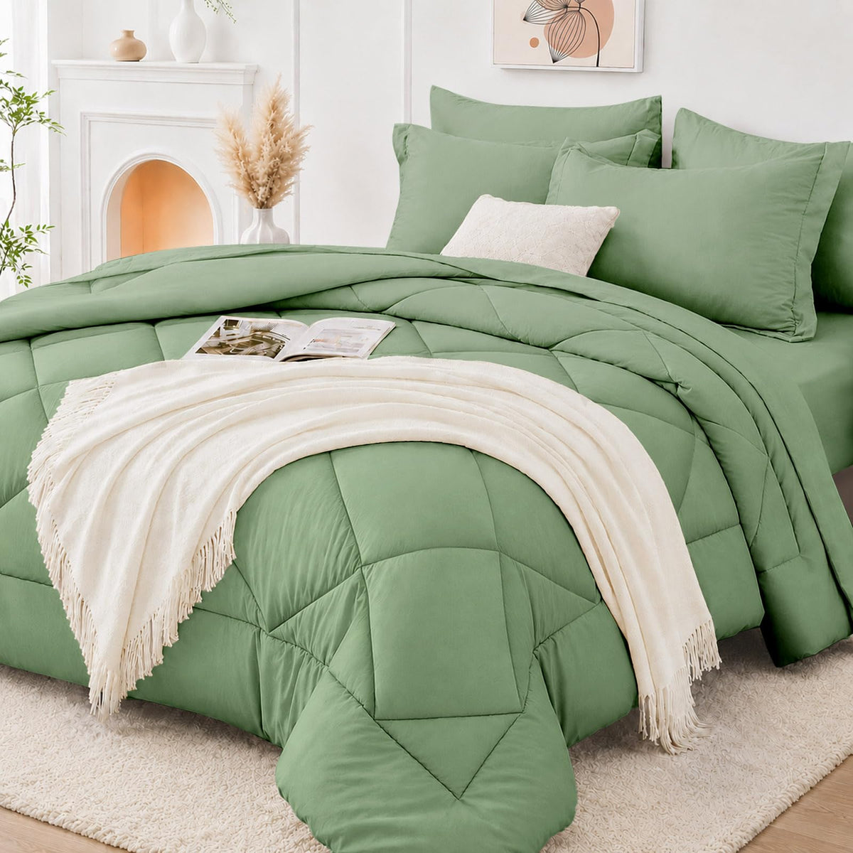 FUANNA Full Size Comforter Sets 7 PCS, Navy Blue Bed Set, Soft Bed in a Bag