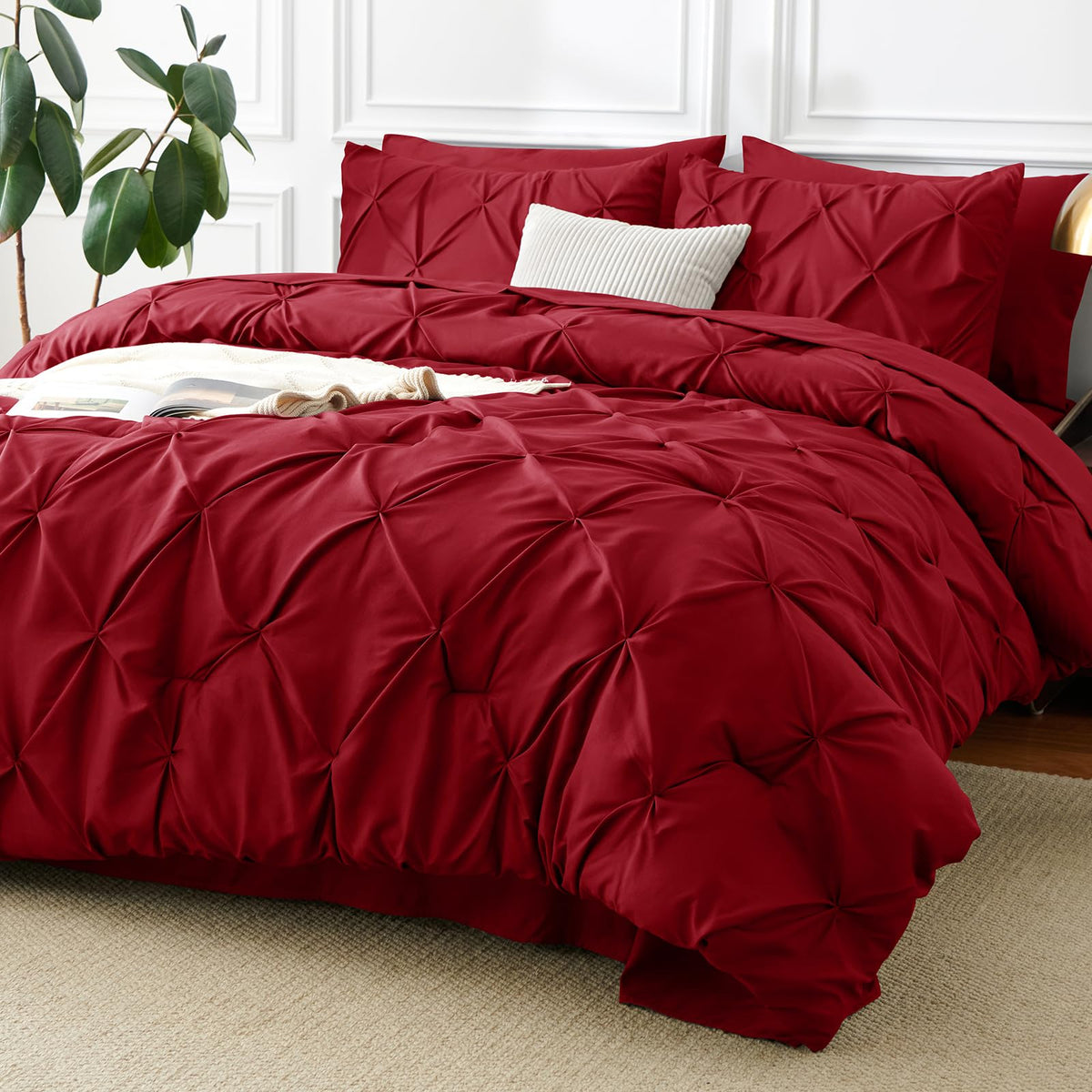 CozyLux Queen Comforter Set Black, 7 Pieces Pintuck Bed in a Bag