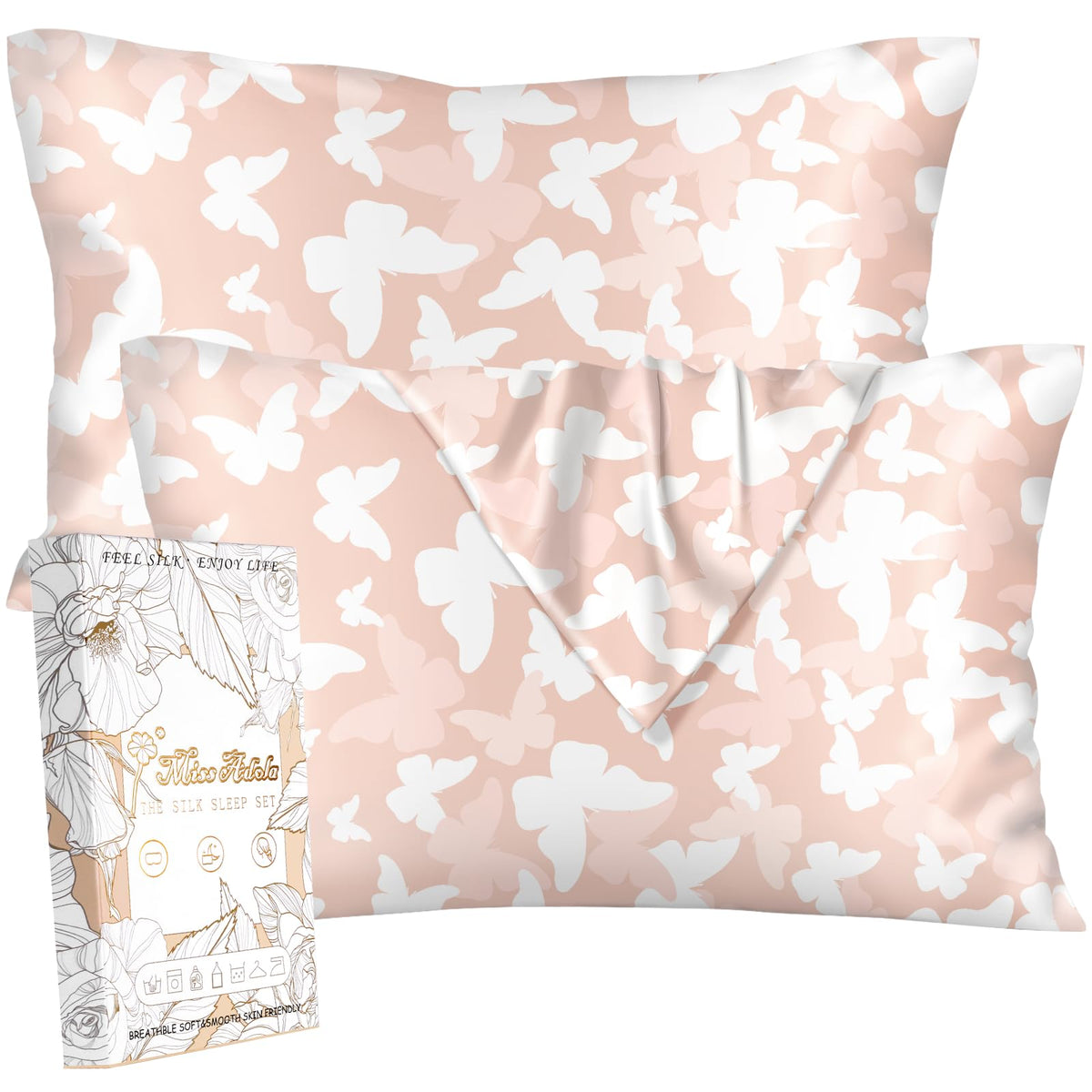 Miss Adola 2pcs Silk Pillowcase with Hidden Zipper, BLK Grow Flower