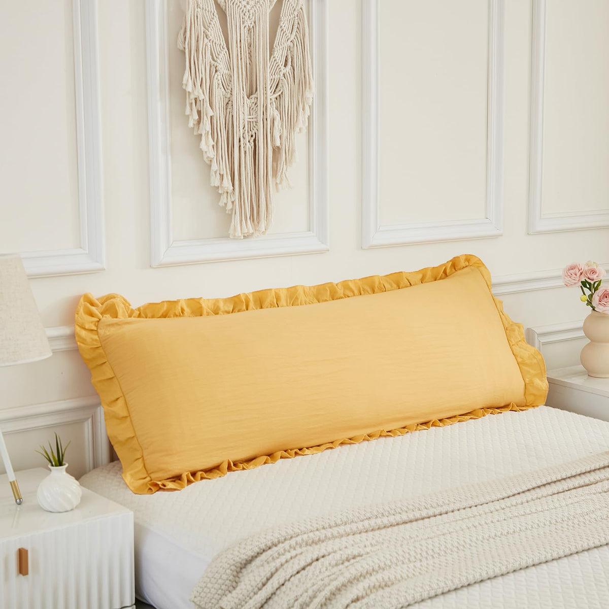 Boho White Body Pillowcase 20x54in - Ruffled Fringe Decor Sham