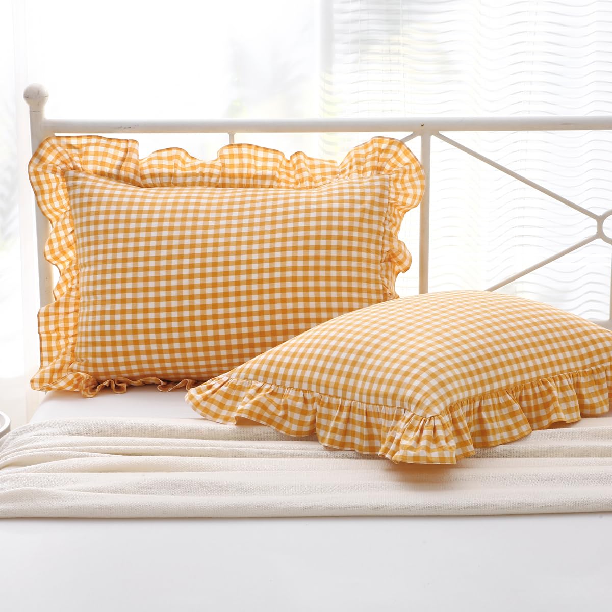 Mywinlle Taupe Plaid Gingham Ruffle Decorative Throw Pillow Covers 18"x18"