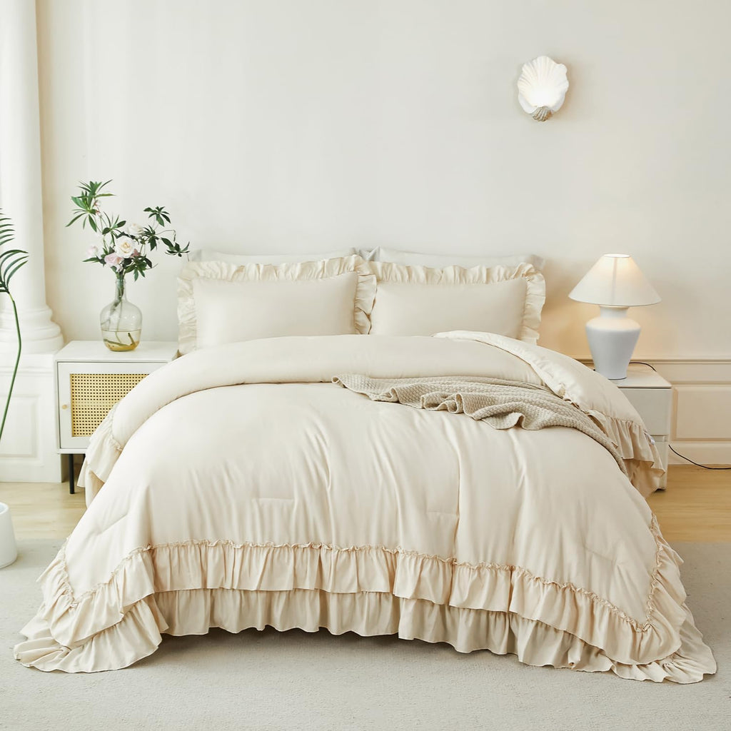 ANGIYUIN 5Pcs Beige Ruffled Comforter Set Queen Double-Layer Ruffle Bedding Comforter Set for Women Girls Fluffy Shabby Chic Bed in a Bag with Sheets(Beige Queen)