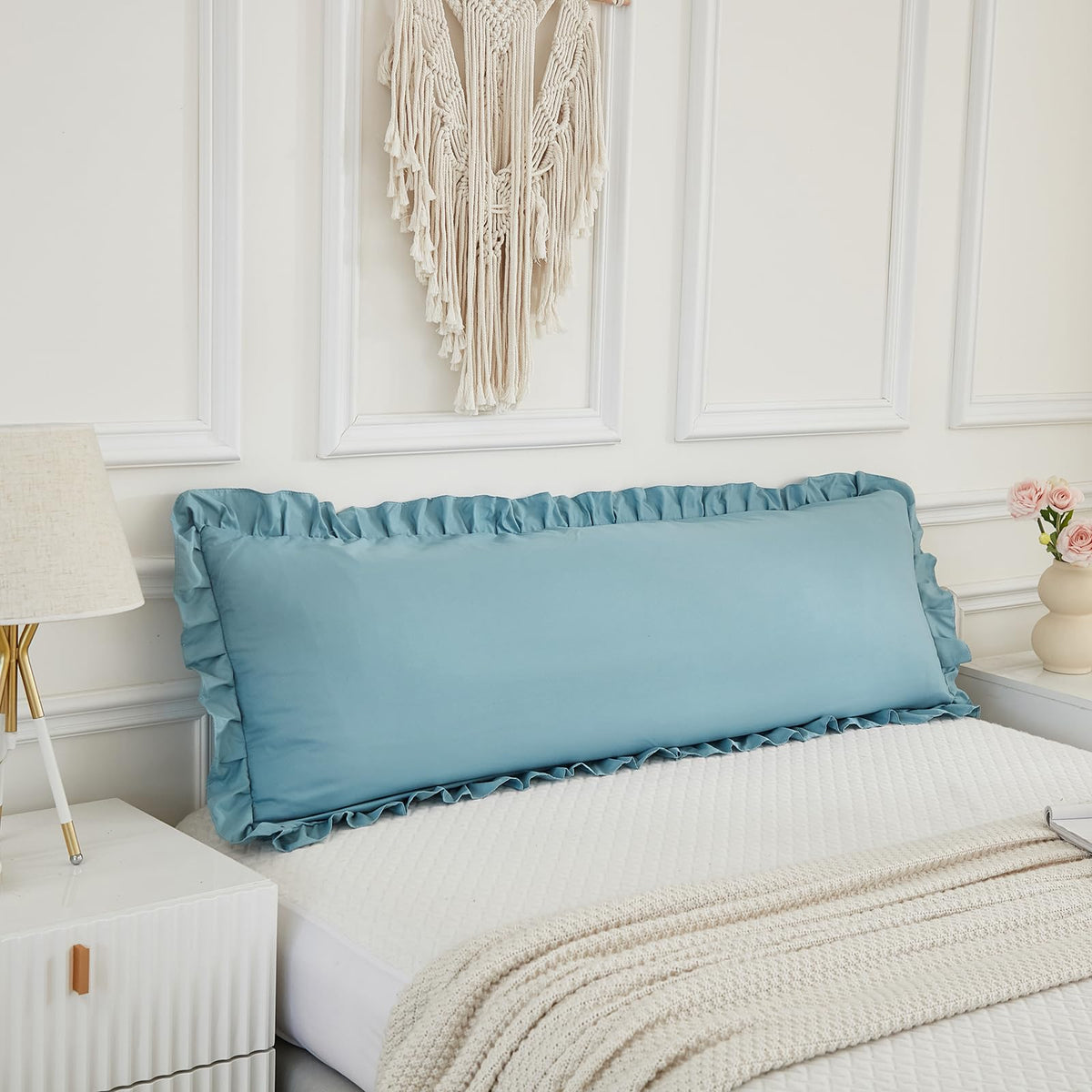 Boho White Body Pillowcase 20x54in - Ruffled Fringe Decor Sham