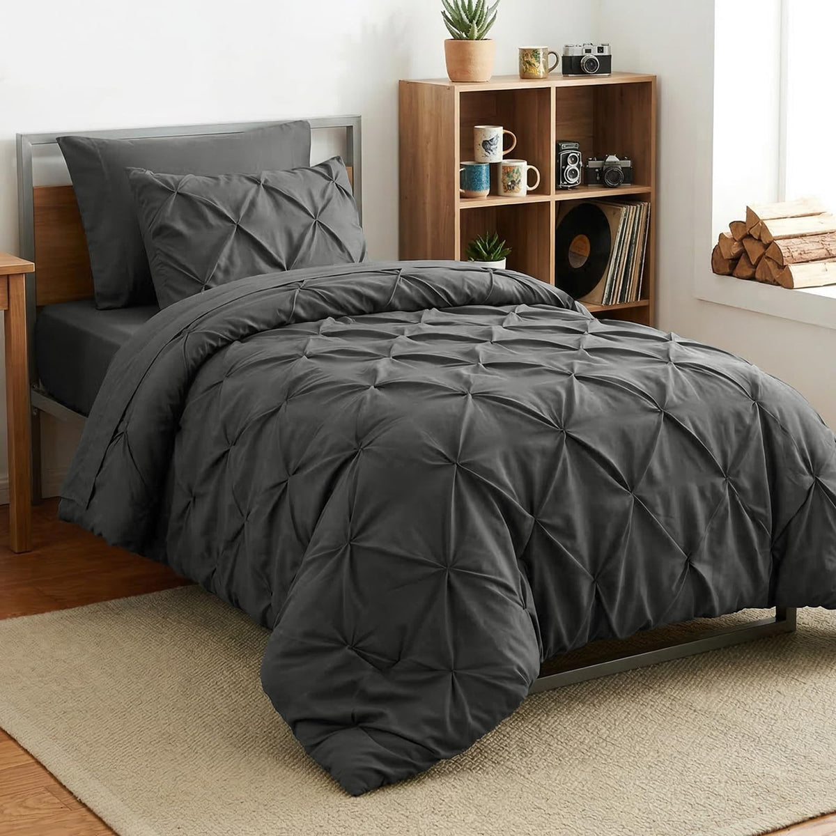 HIMEET Queen Comforter Set Black - 7 Pieces Pintuck Bed in a Bag