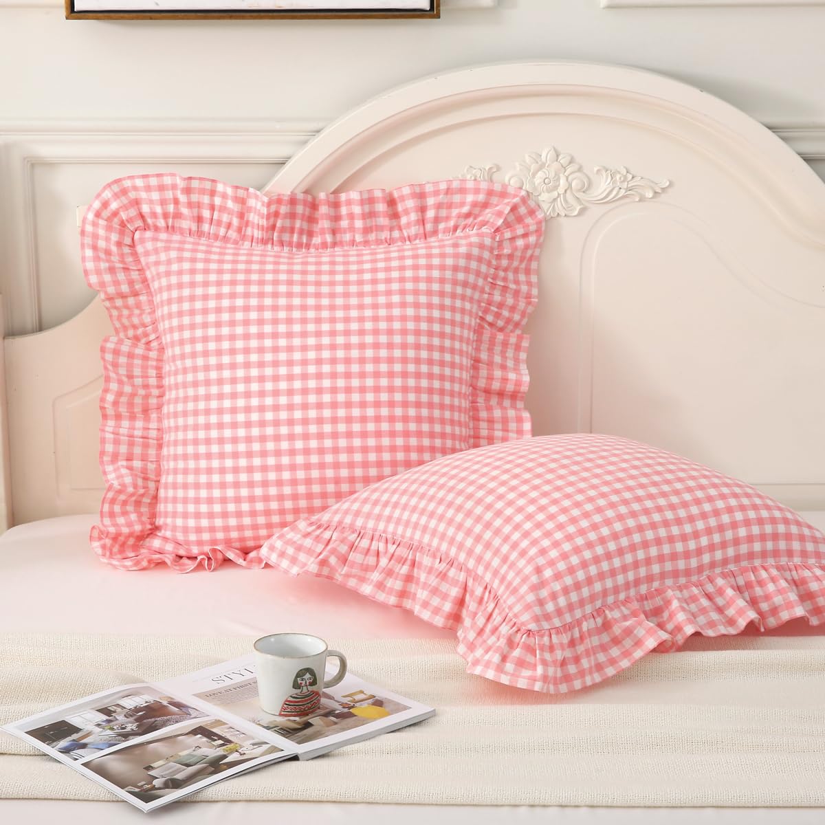 Silnuo Taupe/White Gingham Plaid Ruffled Pillow Covers Queen Size Set of 2