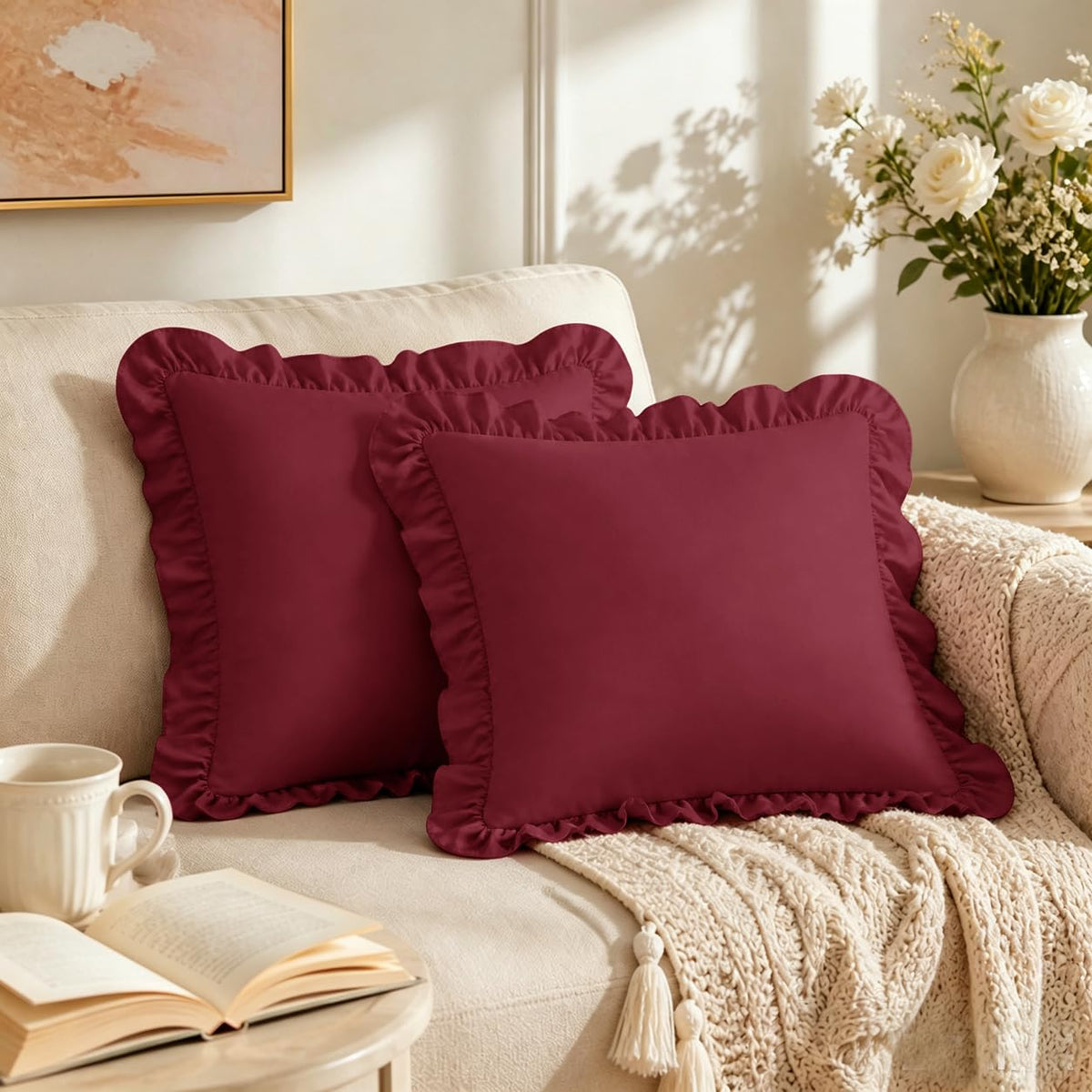 Homiest Ruffle Pillow Cases Standard Set of 2, White, 20x26 in