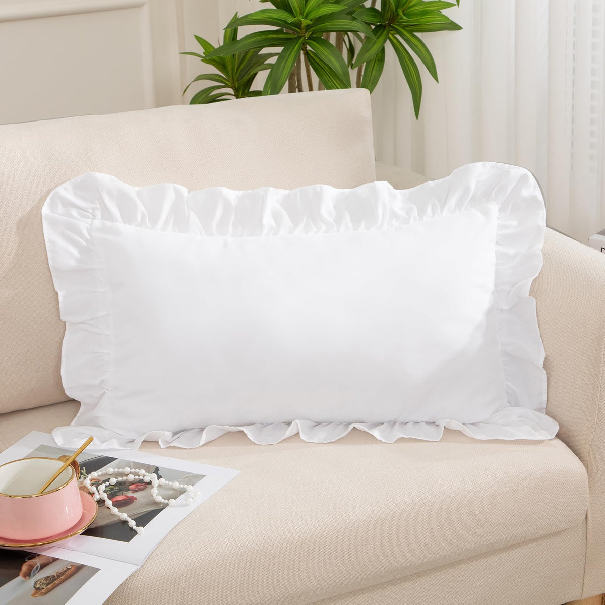 Pink Ruffle Lumbar Pillow Cover, 12x20 Inch