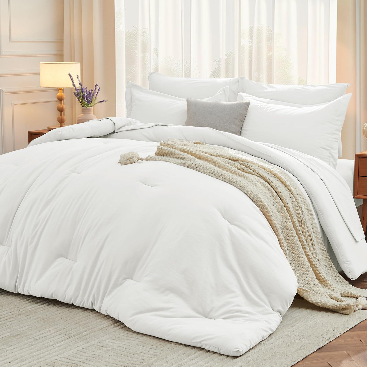 MUXHOMO King Comforter Set 7 Pieces, Soft Bed in a Bag, Beige