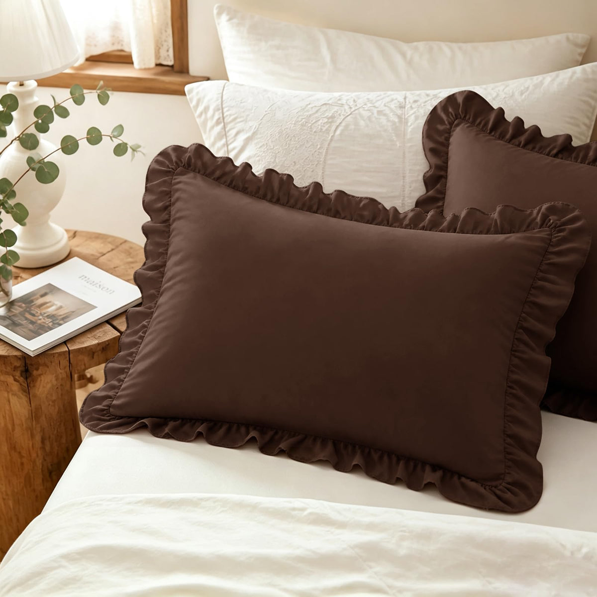 Homiest Ruffle Pillow Cases Standard Set of 2, White, 20x26 in