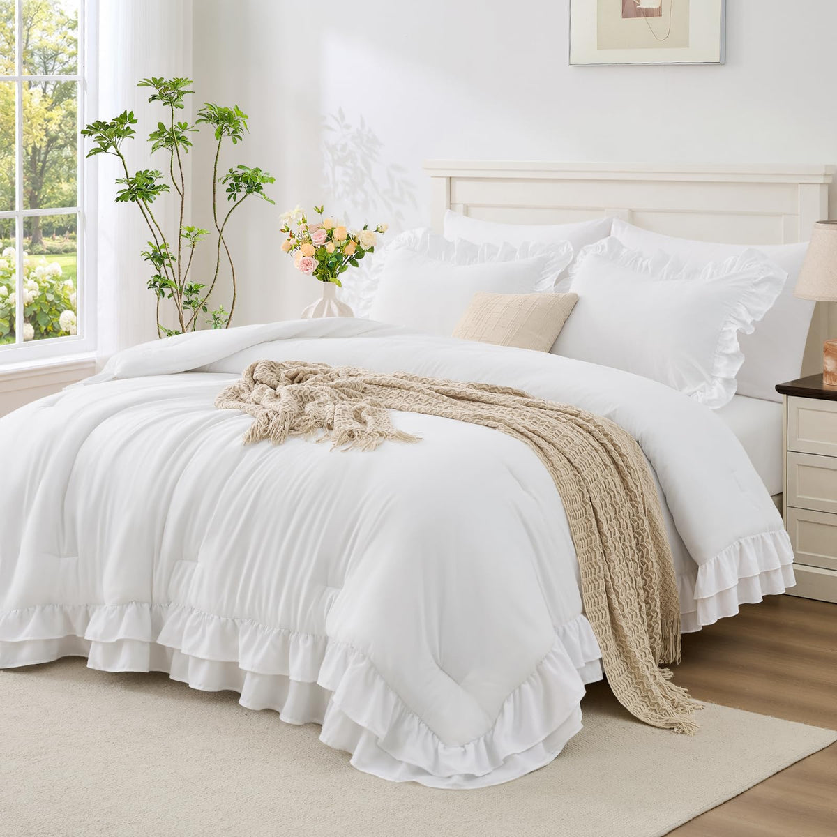 White Ruffle Comforter Set Queen Size, 3-Piece Shabby Chic Bedding