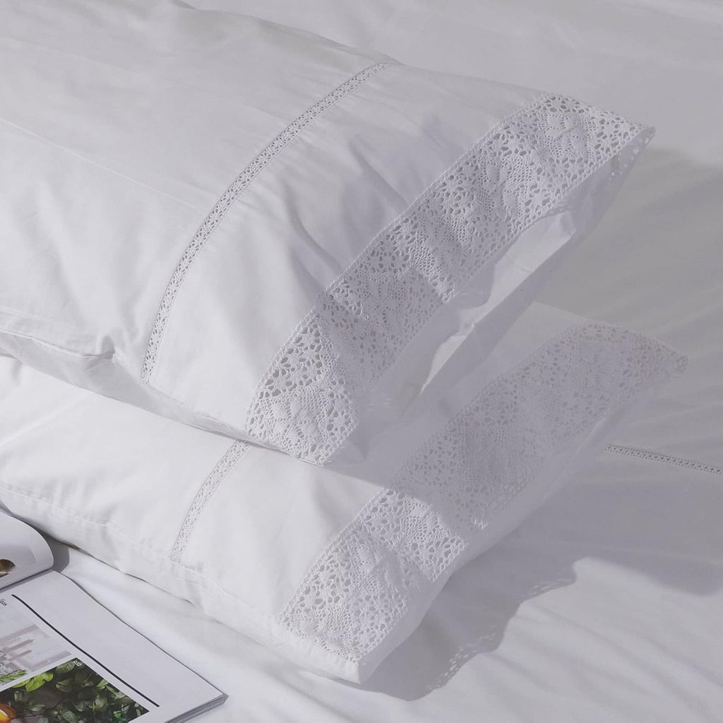 White Lace Pillow Cases Queen Size Set of 2, 100% Cotton Pillowcases, 20x30