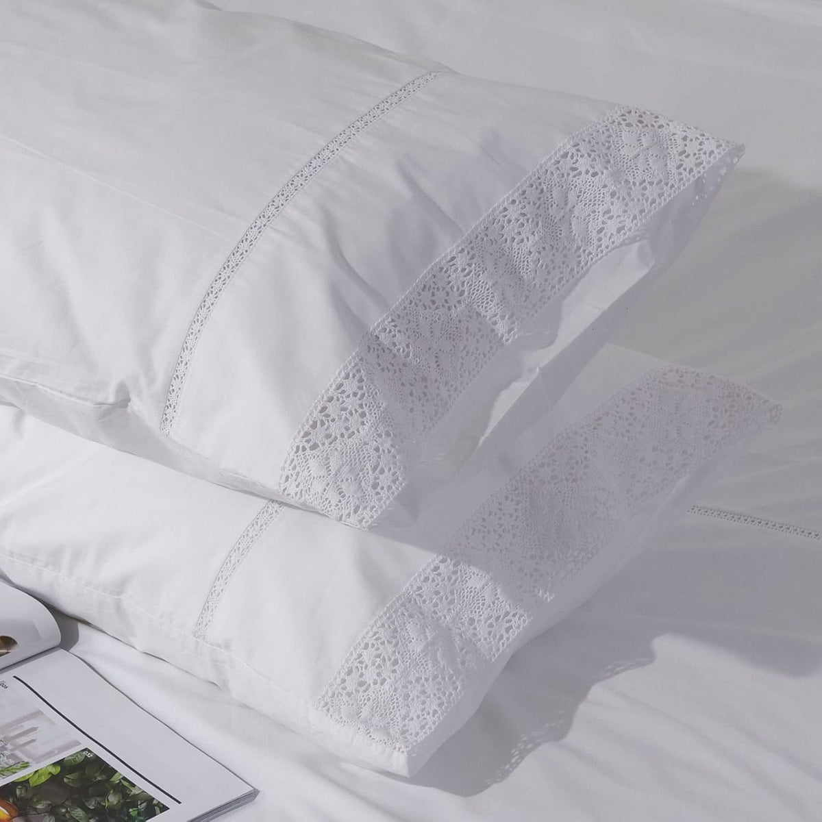 White Lace Pillow Cases Queen Size Set of 2, 100% Cotton Pillowcases, 20x30