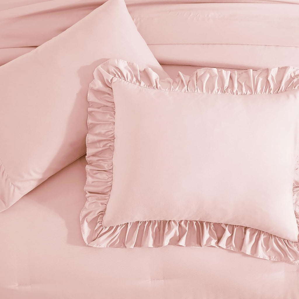 Queen Comforter Set Soft Pink Ruffle 7 Pieces Farmhouse Bed in a Bag
