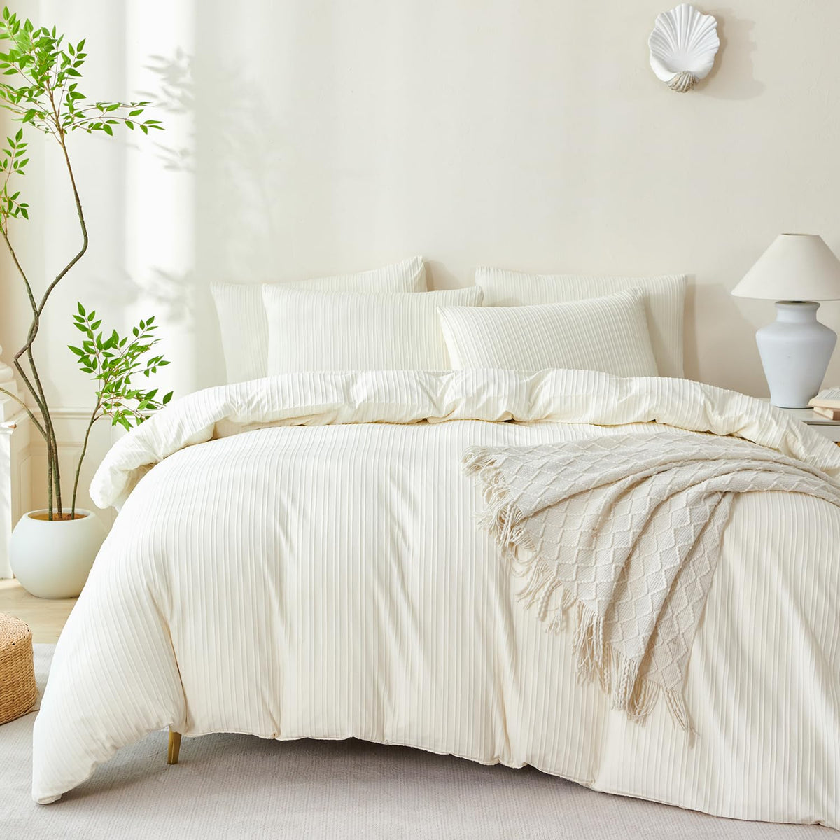 Sage Green Queen Size Comforter Set Striped 100% Soft Washed Microfiber Jacquard 3 Pieces Striped Bedding Sets Green White Comforter Queen for All Seasons and 2 Pillowcases Comfort Breathable