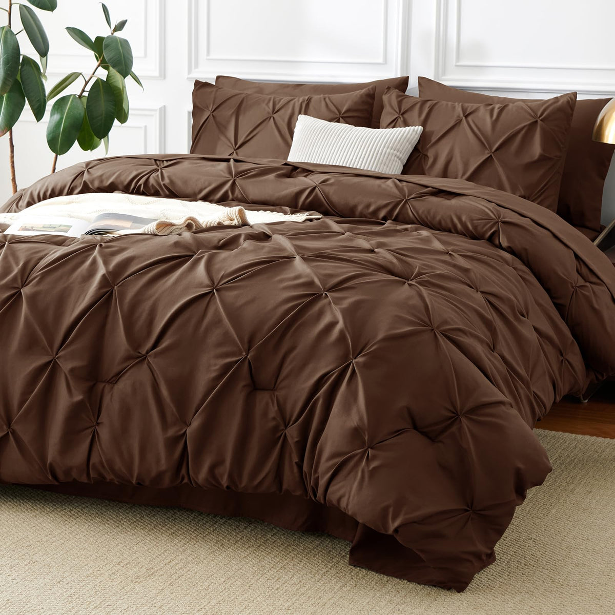 CozyLux Queen Comforter Set Black, 7 Pieces Pintuck Bed in a Bag
