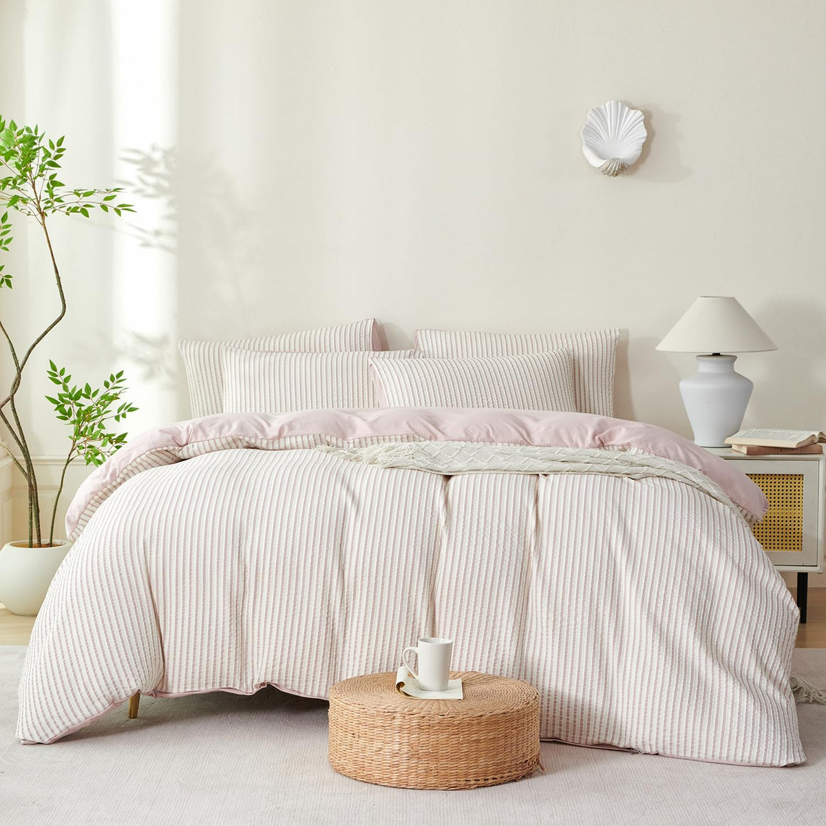 Comforter Set King Size Dusty Pink Soft Luxury Washed Microfiber Jacquard 3 Pieces Bedding Set, White Dusty Pink Vertical Ticking Stripes Comforter with 2 Pillowcases Breathable Durable Comfy