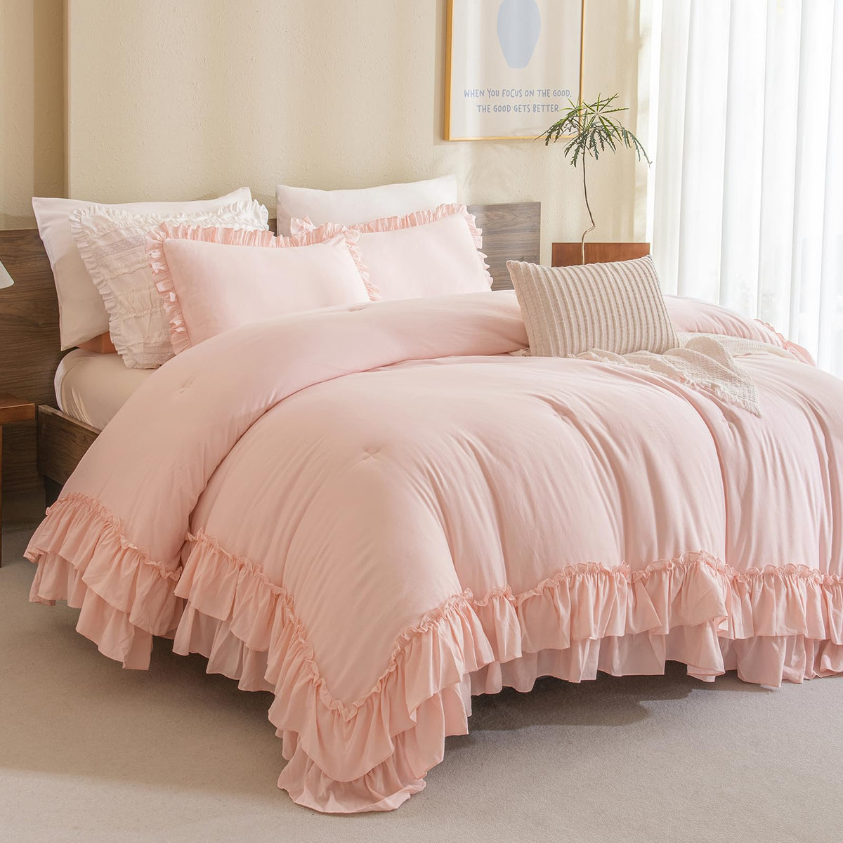 Masaca Ruffled Comforter Set Queen,Farmhouse Shabby Boho Chic Bedding Wheat and White Ruffle Comforter Vintage Rustic French Country Elegant Bedding Set 3PCS