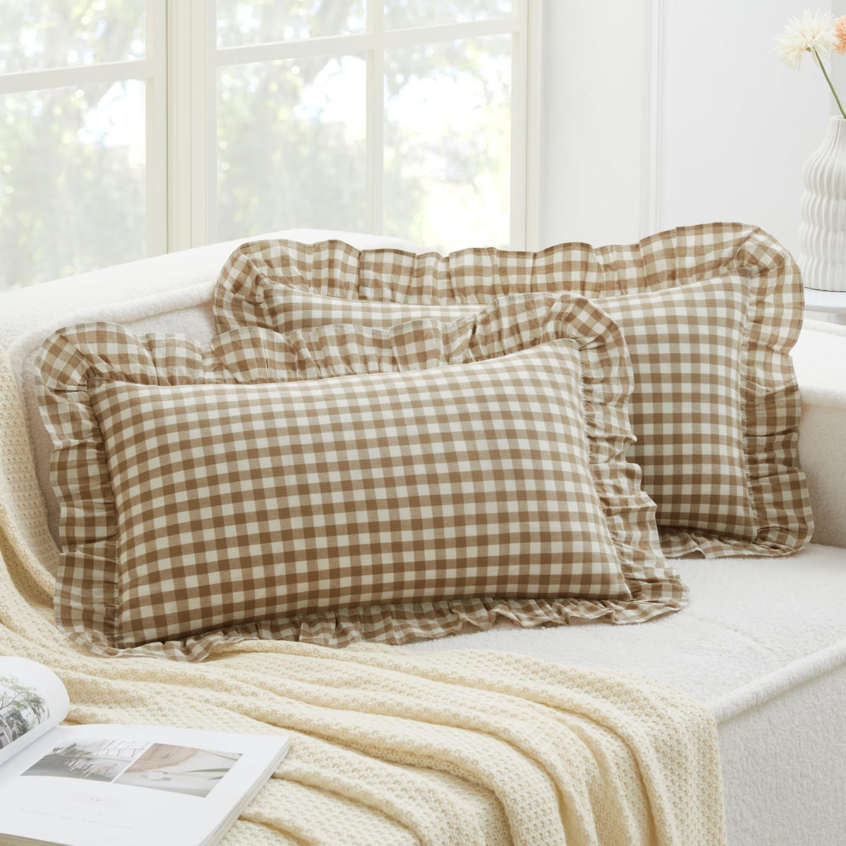 KKJIAF 2 Pcs Plaid Ruffle Pillow Case Standard Size, Sage Green Plaid