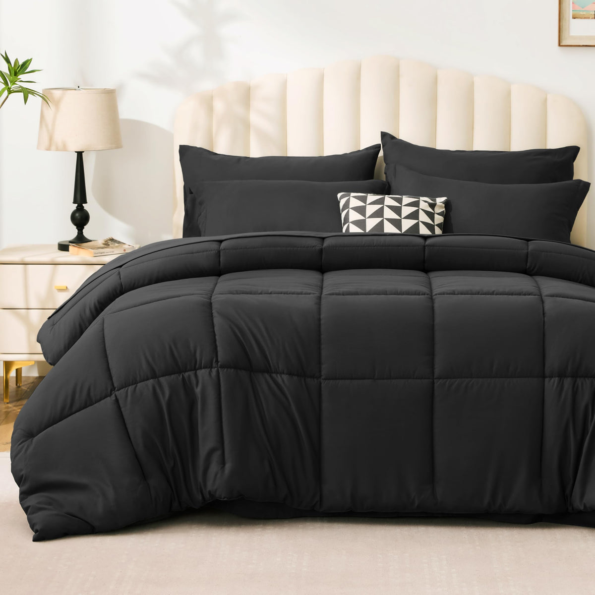 Love's cabin Full Comforter Set Black, 7 Pieces Full Bed in a Bag, All Season Bedding Sets with 1 Comforter, 1 Flat Sheet, 1 Fitted Sheet, 2 Pillowcase and 2 Pillow Sham