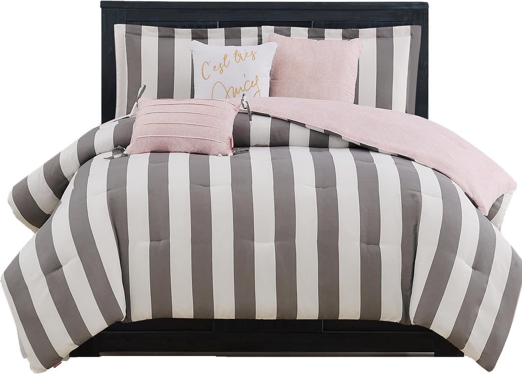 Juicy Couture Cabana Stripe Reversible Bedding Set - Queen Size - Black and White Stripe Print – 6 Piece Set – Includes 1 90" x 90" Comforter, 3 Decorative Pillows, 2 Shams