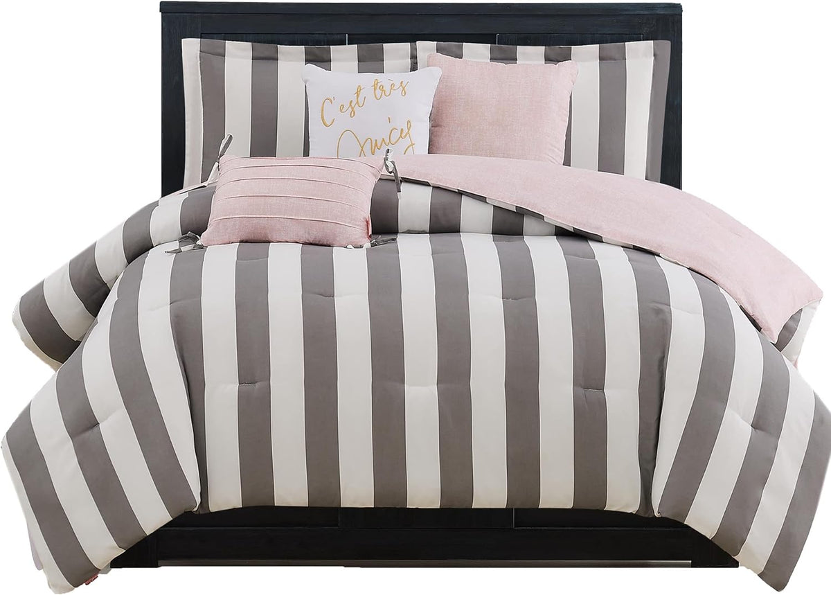 Juicy Couture Cabana Stripe Reversible Bedding Set - Queen Size - Black and White Stripe Print – 6 Piece Set – Includes 1 90" x 90" Comforter, 3 Decorative Pillows, 2 Shams
