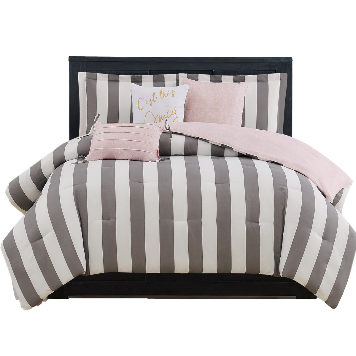 Juicy Couture Cabana Stripe Reversible Bedding Set - Queen Size - Black and White Stripe Print – 6 Piece Set – Includes 1 90" x 90" Comforter, 3 Decorative Pillows, 2 Shams