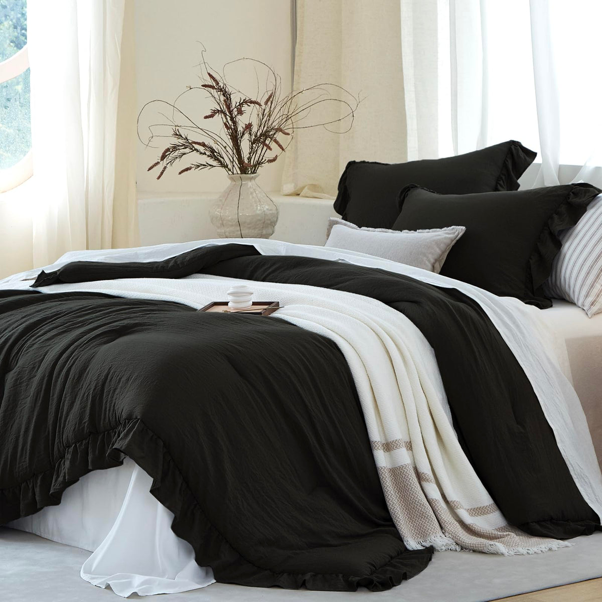 Beige Ruffle 2 Pieces Comforter Set Twin Shabby Chic Bedding Set
